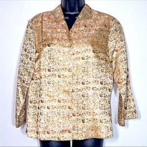 Connie Roberson M Vtg Brocade Jacket Gold Silk floral button front 3/4 sleeve